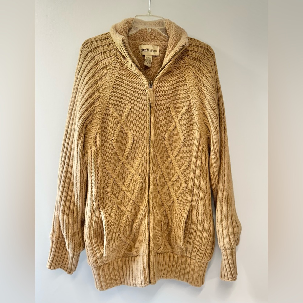 VTG Cableknit Cardigan Jacket XL Lined Sherpa Camel Brown Rare Pockets Preppy